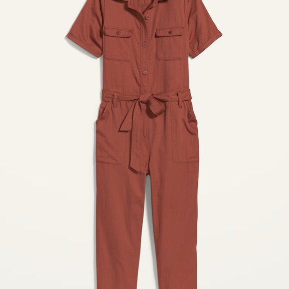 OLD NAVY twill utility jumpsuit collar short sleeve cedarwood women’s small - Picture 2 of 9